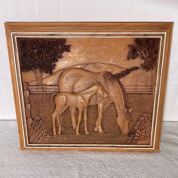 Vintage  Creative Carvings Kim Murray Horse Landscape Carving Wood Wall Art - Picture 1 of 15